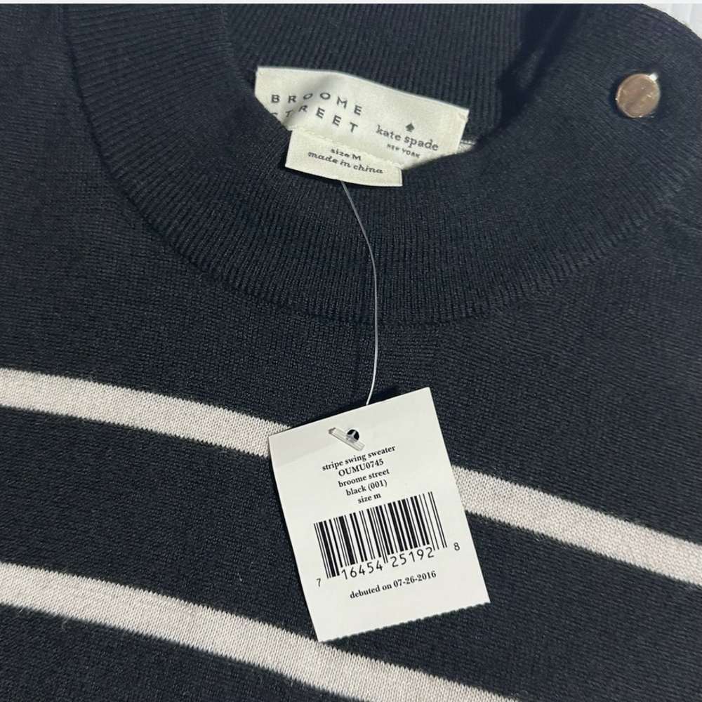 Kate Spade Broome Street Striped Mock-Neck Button Shoulder Sweater Black NWOT